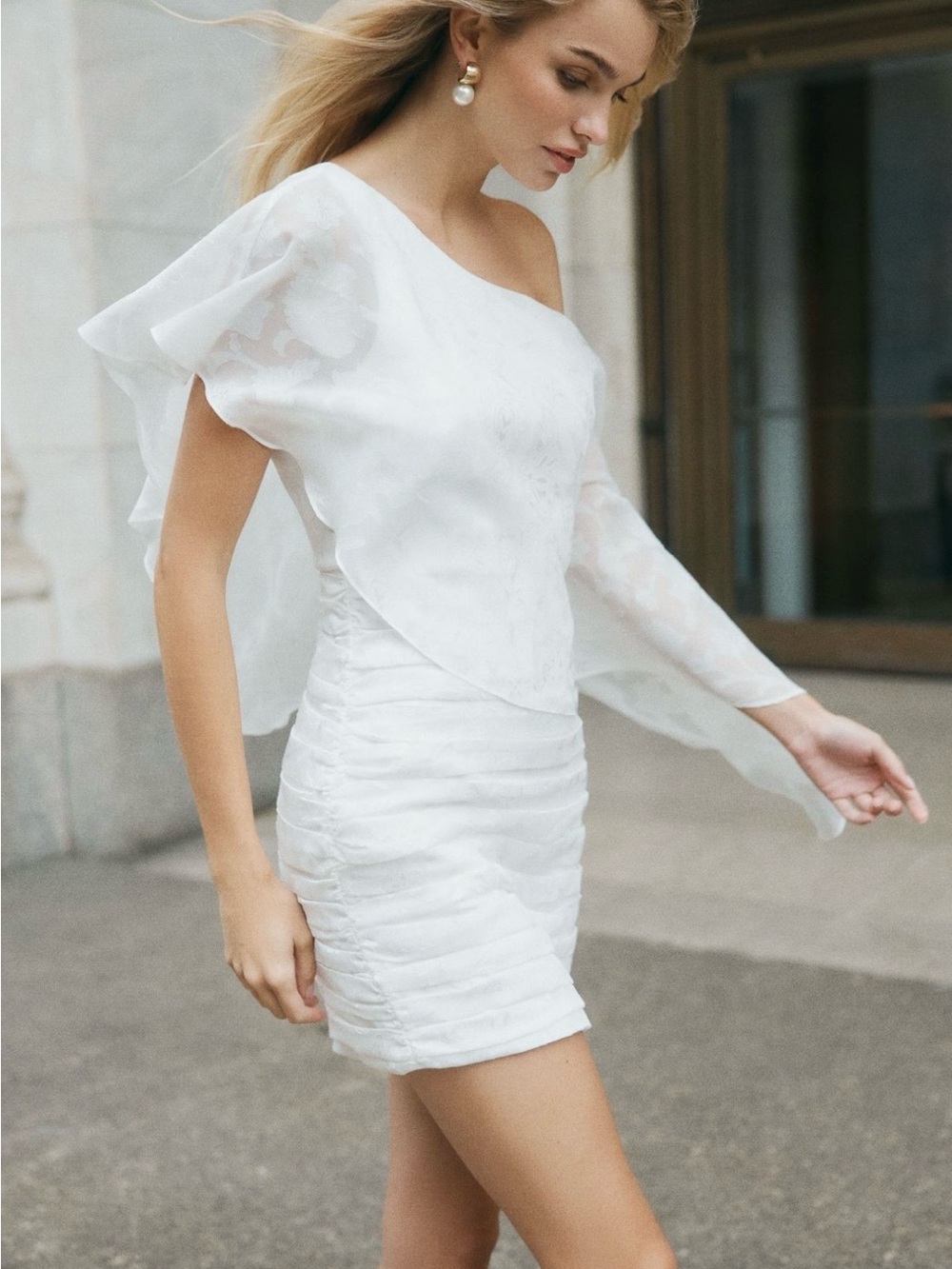 Ronny Kobo Collection White One-Shoulder Draped Mini Dress